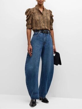 Frame The Bubble Crop Barrel Leg Jeans Medium Wash Size 30 Raw Hem 100% Cotton